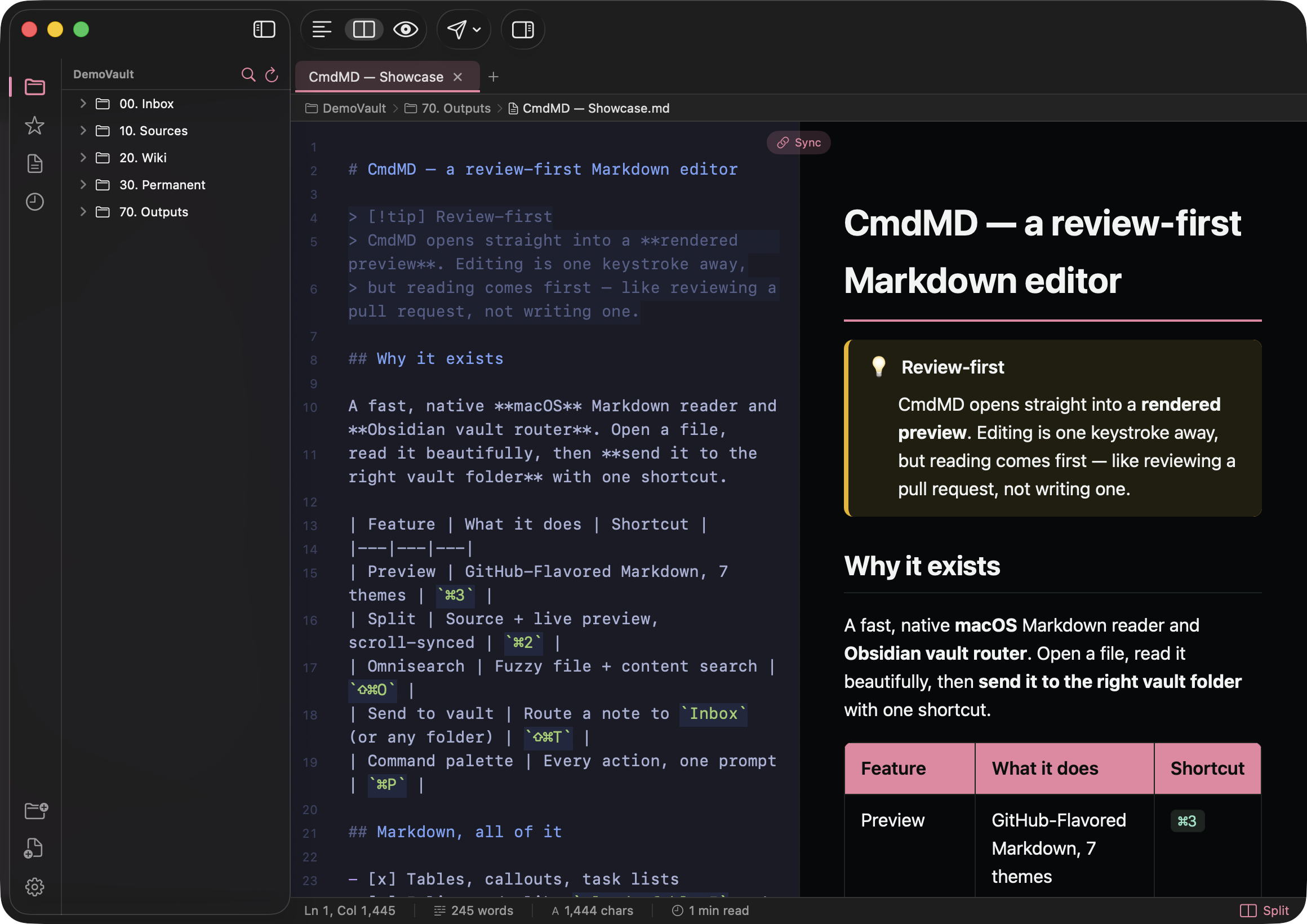 CmdMD dark split source and preview