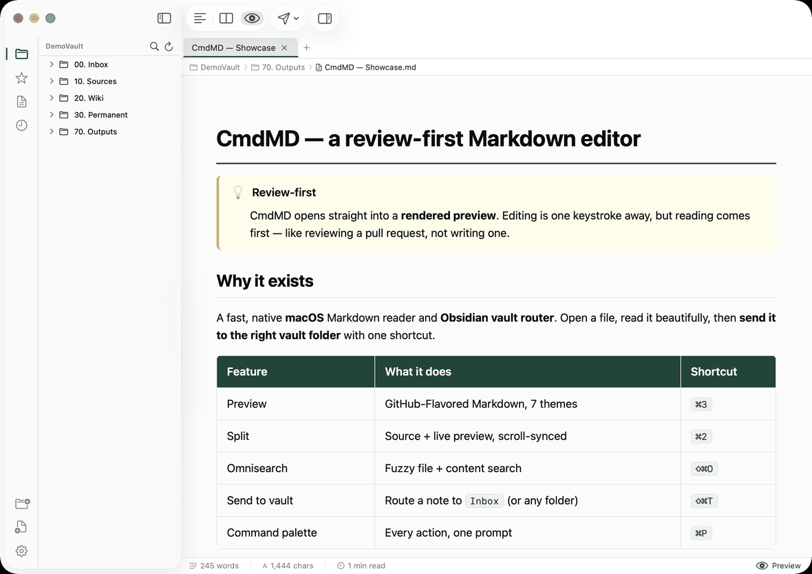 CmdMD cycling preview, split, dark theme and command palette