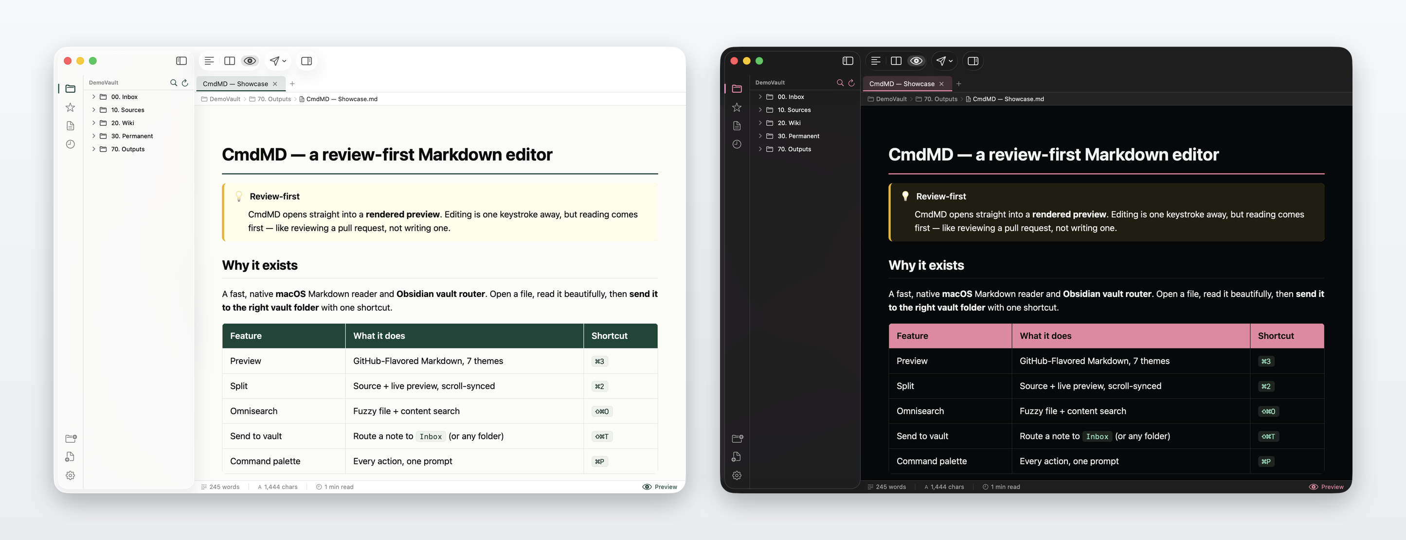 CmdMD in CMDS Light and Dark themes — rendered Markdown preview
